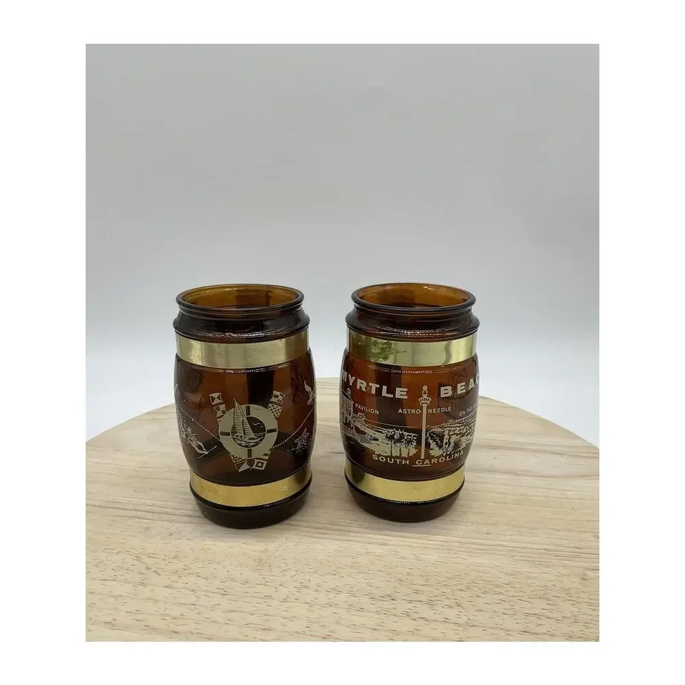Vintage Siesta Ware Myrtle Beach Amber‎ Glass Souvenir Beer Mugs Set Of 2 USA